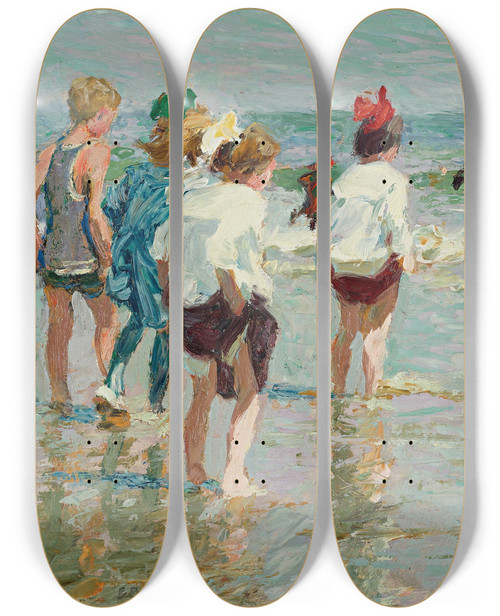 Triptych art skateboard deck of Edward Henry Potthast Summer Day Brighton Beach by Edward Henry Potthast (1857-1927)