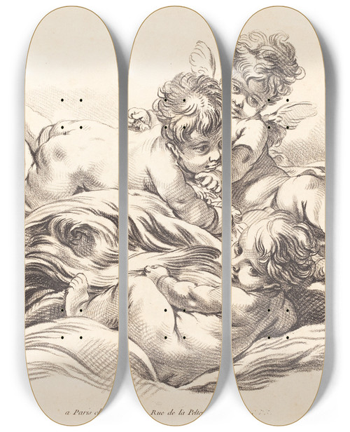 Triptych art skateboard deck of Gilles Demarteau The Elder Three Cherubs Playing On Dolphin Like Wave by Gilles Demarteau The Elder (1722-1776)