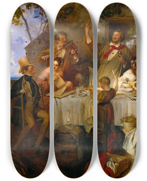 Triptych art skateboard deck of Josef Danhauser Wein Weib Und Gesang by Josef Danhauser (1805-1845)