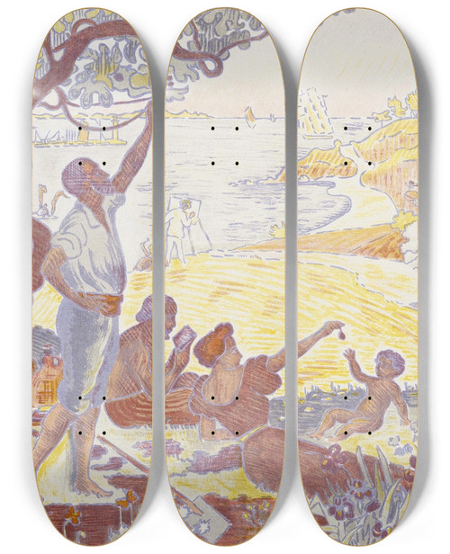 Triptych art skateboard deck of Paul Signac In The Time Of Harmony The Joy Of Lifesunday By The Sea by Paul Signac (1863-1935)