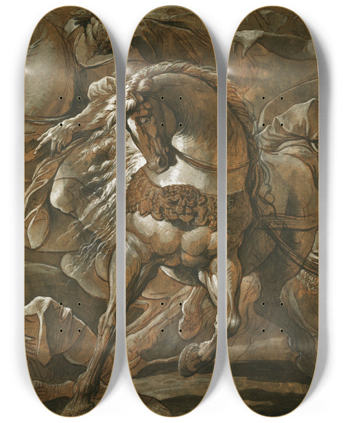 Triptych art skateboard deck of Giuseppe Cades Tullia About To Ride Over The Body Of Her Father In Her Chariot by Giuseppe Cades (1750-1799)