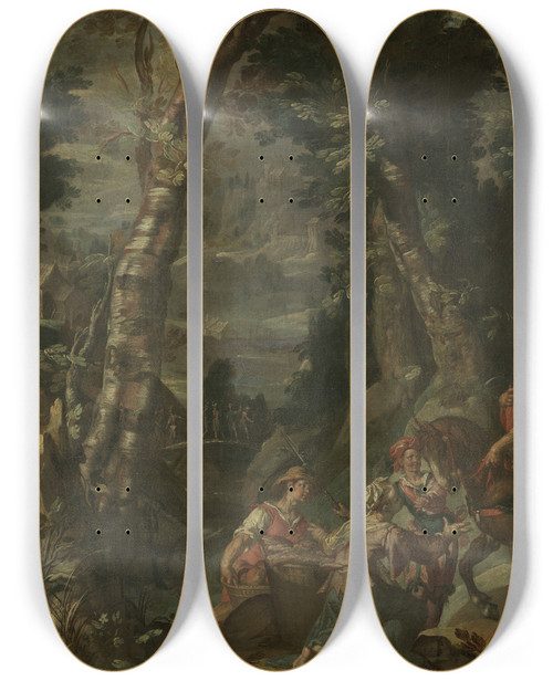 Triptych art skateboard deck of Joachim Wtewael Meeting Between David And Abigail by Joachim Wtewael (1566-1638)