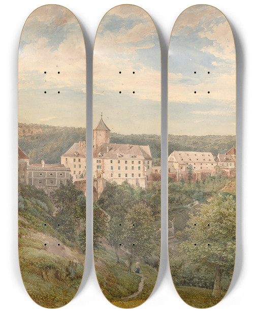 Triptych art skateboard deck of Josef Hger Eichhorn Castle At Evening by Josef Hoger (1801-1877)