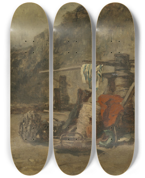 Triptych art skateboard deck of Constant Troyon Strandgezicht Met Kaapstanders by Constant Troyon (1810-1865)