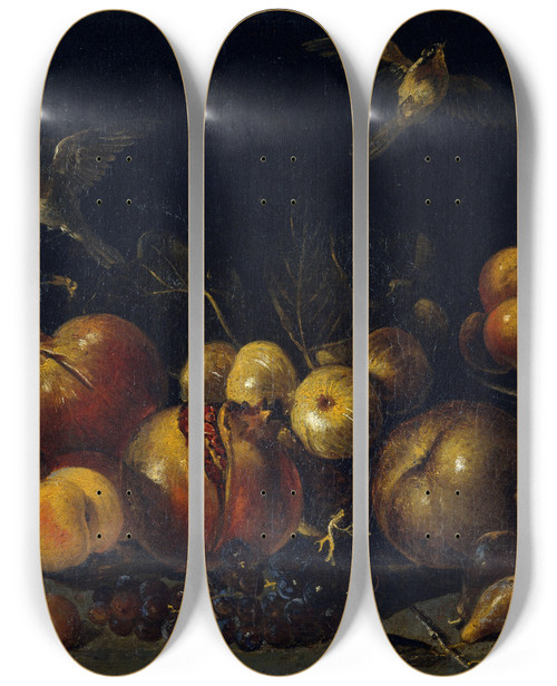 Triptych art skateboard deck of Tommaso Realfonso Still Life With Pomegranates Apples Pears Grapes Figs And Birds by Tommaso Realfonso (1677-1743)