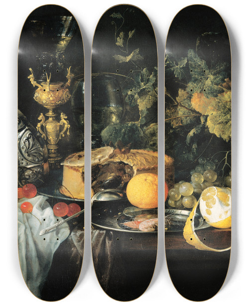 Triptych art skateboard deck of Jan Davidsz De Heem Sumptuous Still Life With Fruits Pie And Goblets by Jan Davidsz de Heem (1606-1684)