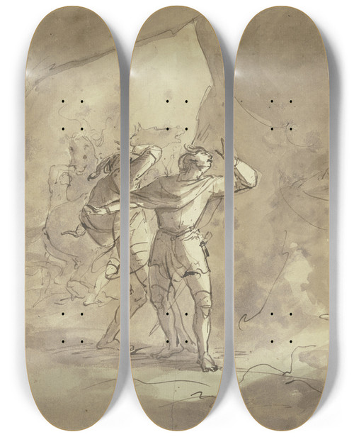 Triptych art skateboard deck of Henry Fuseli Vision Zweier Mnner In Einer Grotte by Henry Fuseli (1741-1825)