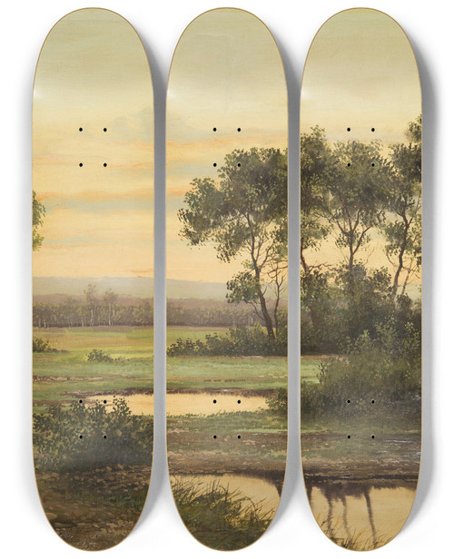Triptych art skateboard deck of Ludvk Bartk Early Evening Landscape by Ludvik Bartak (1857-1921)