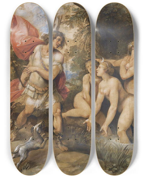 Triptych art skateboard deck of Giuseppe Cesari Diana And Actaeon by Giuseppe Cesari (1568-1640)