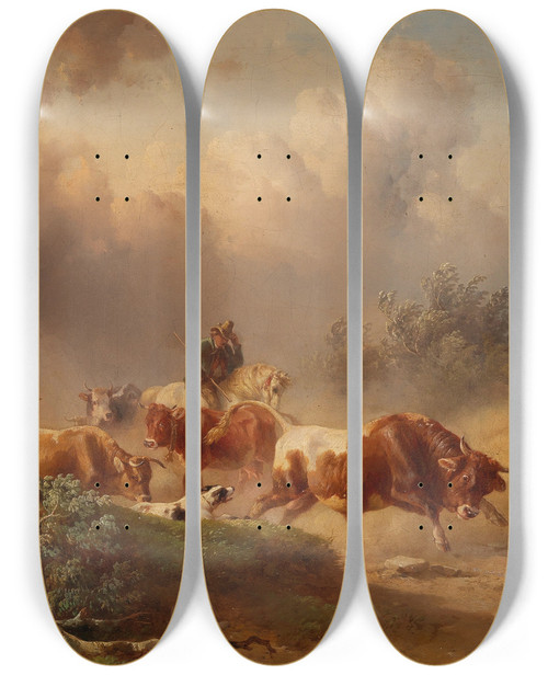 Triptych art skateboard deck of Edmund Mahlknecht Returning Home With An Approaching Storm by Edmund Mahlknecht (1820-1903)