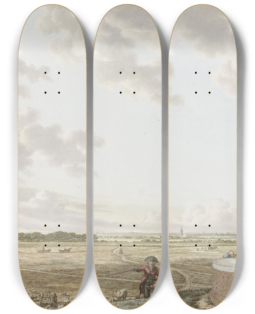 Triptych art skateboard deck of Jacob Cats Gezicht Van De Tafelberg Bij Blaricum Met Links Craayloos Bosch En Rechts De Tafel by Jacob Cats (1741-1799)