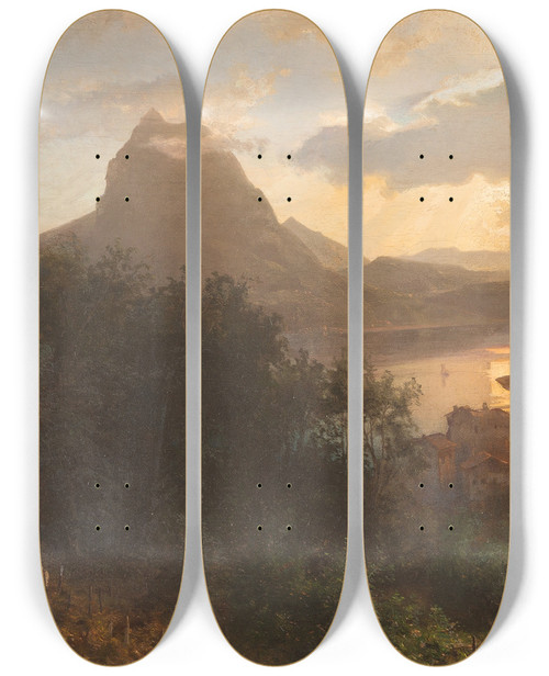 Triptych art skateboard deck of Oswald Achenbach Grape Harvest In The Evening by Oswald Achenbach (1827-1905)