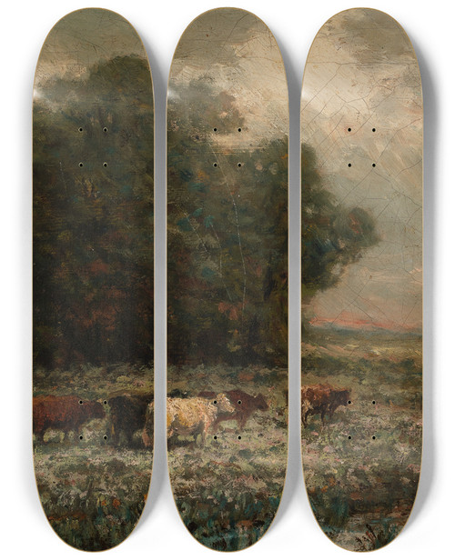 Triptych art skateboard deck of Edward Mitchell Bannister Untitled Landscape With Cattle Grazing by Edward Mitchell Bannister (1828-1901)