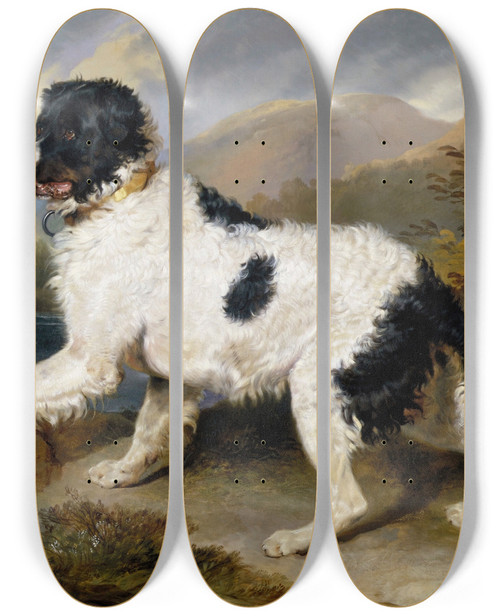 Triptych art skateboard deck of Sir Edwin Henry Landseer Lion A Newfoundland Dog by Sir Edwin Henry Landseer (1802-1873)