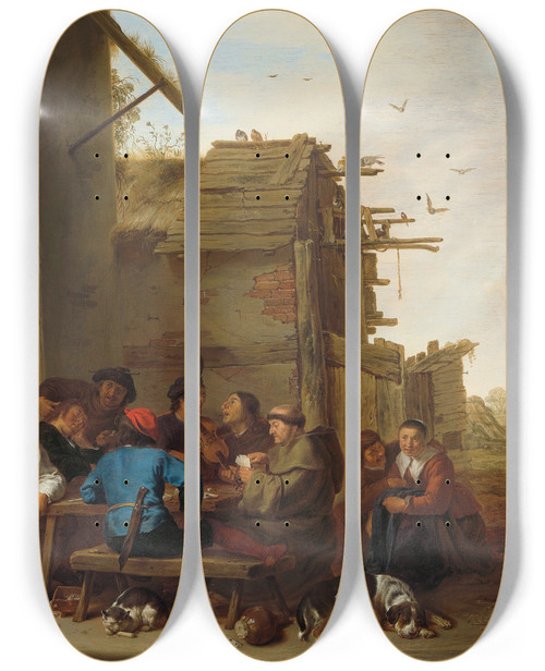 Triptych art skateboard deck of Cornelis Saftleven Figures Before A Village Inn by Cornelis Saftleven (1607-1681)