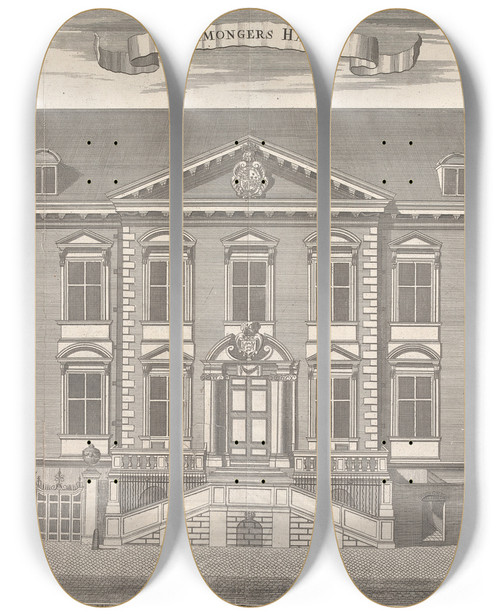 Triptych art skateboard deck of Sutton Nicholls Fishmongers Hall by Sutton Nicholls (1700-1740)
