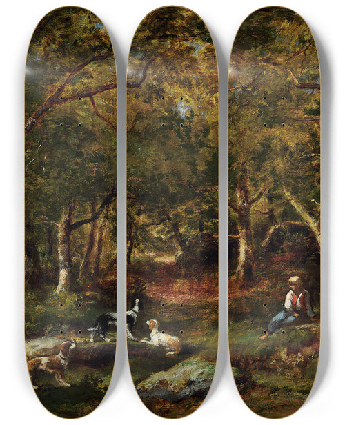 Triptych art skateboard deck of Narcissevirgile Diaz De La Pea Enfant Et Chiens De Chasse En Fort by Narcisse-Virgile Diaz de La Pea (1808-1876)