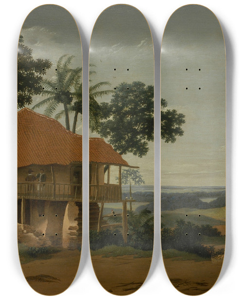 Triptych art skateboard deck of Frans Post Brazilian Landscape With A Workers House by Frans Post (1612-1680)