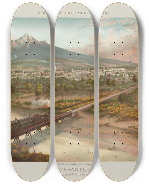 Triptych art skateboard deck of Casimiro Castro Huamantla Tomado Desde El Puente De Sn Lucas Plate 22 by Casimiro Castro (1826-1889)