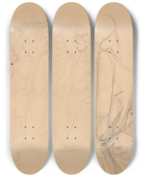 Triptych art skateboard deck of Jzef Simmler Sketch Of Three Monks Sitting Side By Side by Jozef Simmler (1823-1868)