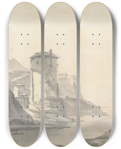 Triptych art skateboard deck of Thomas Wijck A Village In A Rocky Coastal Inlet With Round Tower On The Left Bank by Thomas Wijck (1616-1677)