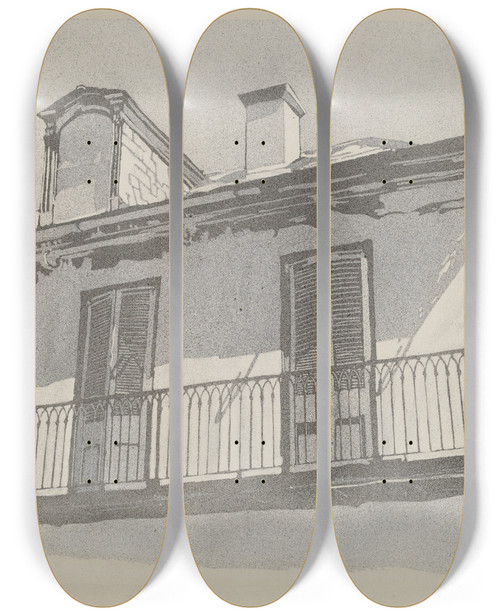 Triptych art skateboard deck of Arelia Arbo Wrought Iron Balcony Railing by Arelia Arbo