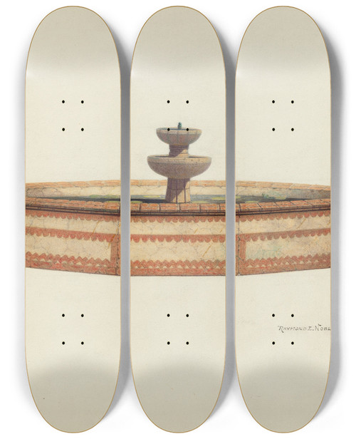 Triptych art skateboard deck of Raymond E Noble Mission Fountain by Raymond E Noble