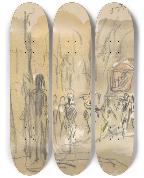 Triptych art skateboard deck of Marius Bauer Jongen Met Een Fakkel Bij Een Houtvuur by Marius Bauer (1867-1932)