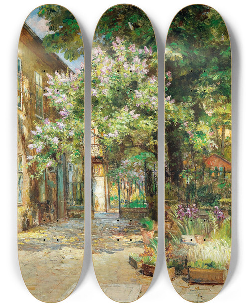 Triptych art skateboard deck of Marie Egner A View Of The Courtyard At No 8 Dreilaufergasse 1070 Vienna by Marie Egner (1850-1940)