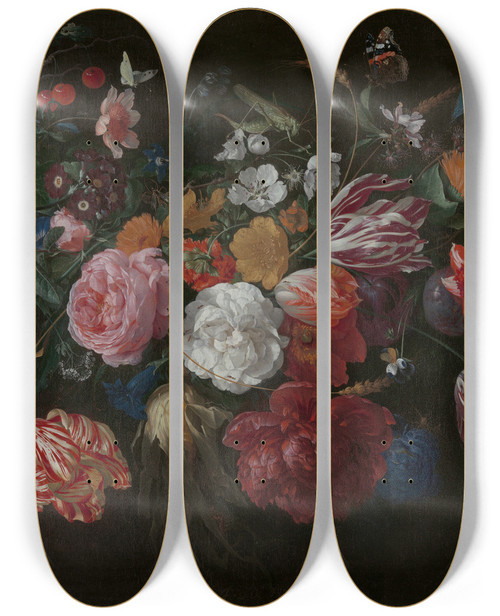 Triptych art skateboard deck of Jan Davidsz De Heem Flowers And Insects by Jan Davidsz de Heem (1606-1684)