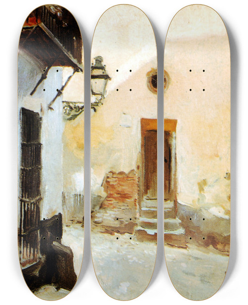 Triptych art skateboard deck of Cecilio Pl Y Gallardo A Corner Of Granada by Cecilio Pla Y Gallardo (1860-1934)