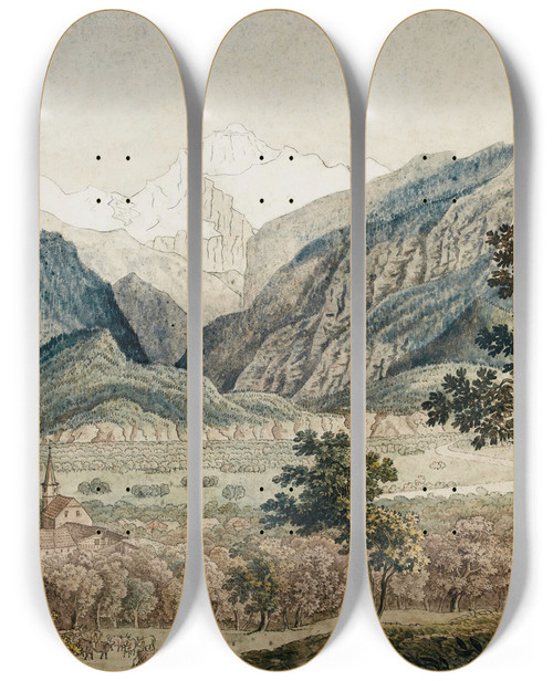 Triptych art skateboard deck of Joseph Anton Koch The Mnch And Jungfrau Seen Fromunterseen by Joseph Anton Koch (1768-1839)