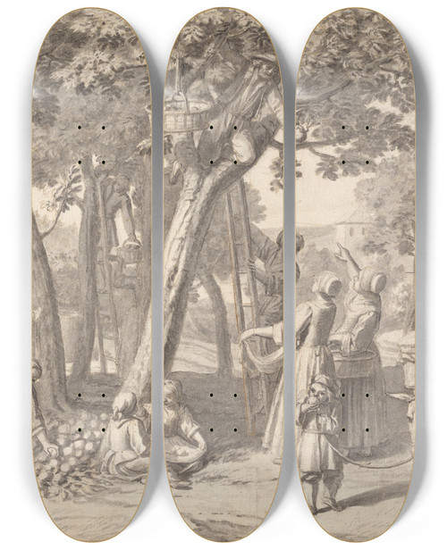 Triptych art skateboard deck of Claude Simpol An Apple Harvest by Claude Simpol (1666-1716)