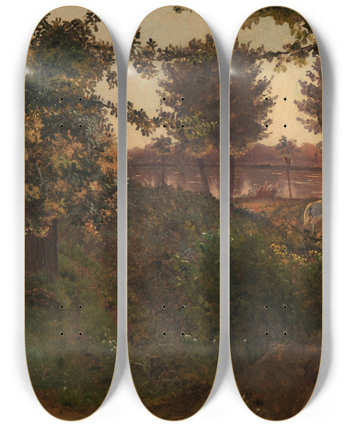 Triptych art skateboard deck of Johan Christian Dahl Evening On A Rocky Shore View From Monte Santangelo by Johan Christian Dahl (1788-1857)