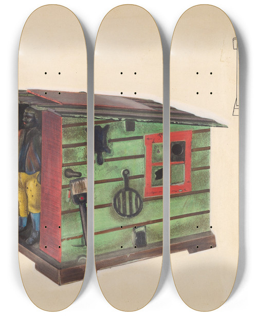 Triptych art skateboard deck of Chris Makrenos Toy Bank Man In A Cabin by Chris Makrenos (20-)