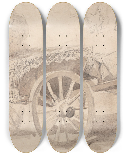 Triptych art skateboard deck of Thomas Sidney Cooper A Mule Or Donkey Harnessed To A Farm Cart With Other Sketches At Top Executed At Or Near Canterbury C 1835 by Thomas Sidney Cooper (1803-1902)