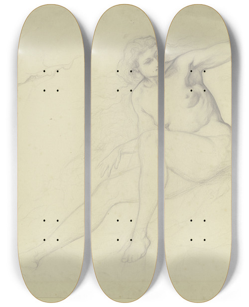 Triptych art skateboard deck of Victor Mller Weiblicher Sitzender Akt Nach Links Den Linken Arm Erhoben by Victor Muller (1829-1871)