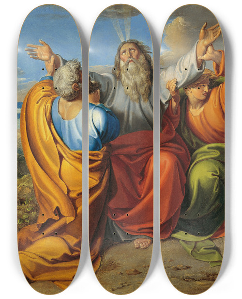 Triptych art skateboard deck of Joseph Von Fhrich The Praying Moses With Aaron And Hur On The Mountain Horeb by Joseph Von Fuhrich (1800-1876)