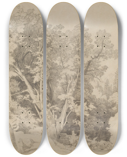 Triptych art skateboard deck of Johann Wilhelm Schirmer Baumgruppe Mit Gespaltenem Baum by Johann Wilhelm Schirmer (1807-1863)