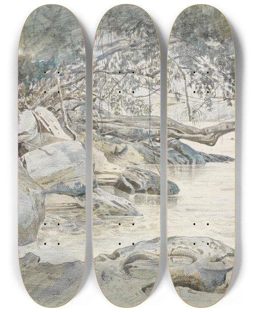 Triptych art skateboard deck of Ferdinand Keller Baumbestandenes Felsenufer Am Parahyba by Ferdinand Keller (1842-1922)