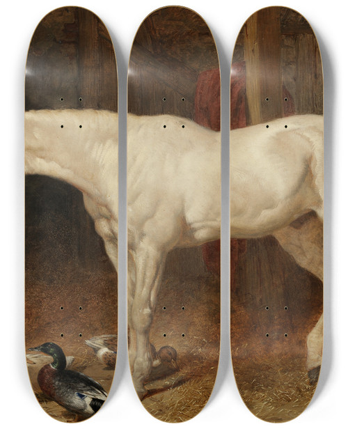 Triptych art skateboard deck of John Frederick Herring Snr A Grey Horse In A Stable by John Frederick Herring Snr (1795-1865)