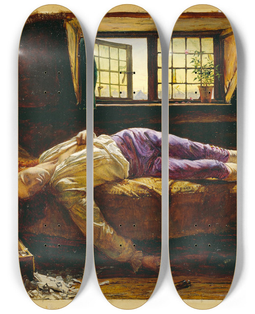 Triptych art skateboard deck of Henry Wallis The Death Of Chatterton by Henry Wallis (1830-1916)