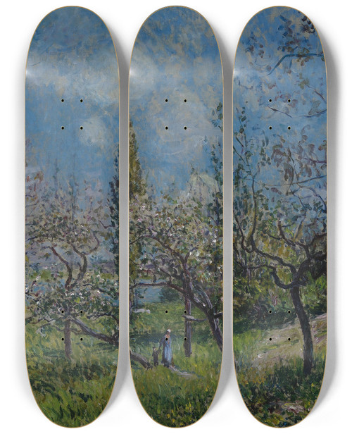Triptych art skateboard deck of Alfred Sisley Orchard In Spring by Alfred Sisley (1840-1899)
