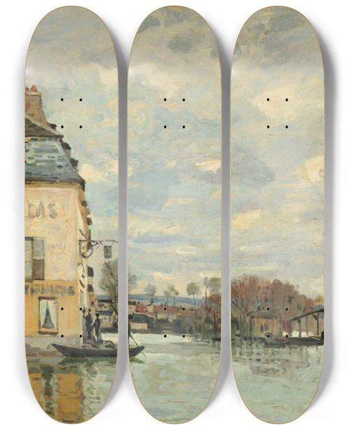 Triptych art skateboard deck of Alfred Sisley Flood At Portmarly by Alfred Sisley (1840-1899)