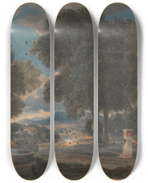 Triptych art skateboard deck of David Cox Landscape With A Man Washing His Feet At A Fountain After Poussin by David Cox (1783-1859)