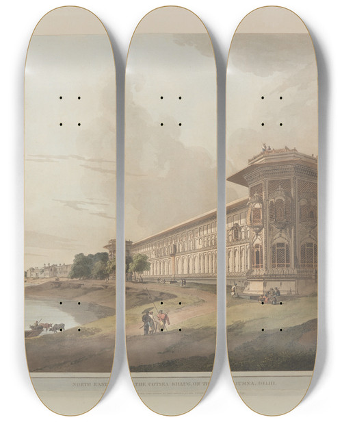 Triptych art skateboard deck of Thomas Daniell Oriental Scenery Pl03 by Thomas Daniell (1749-1840)
