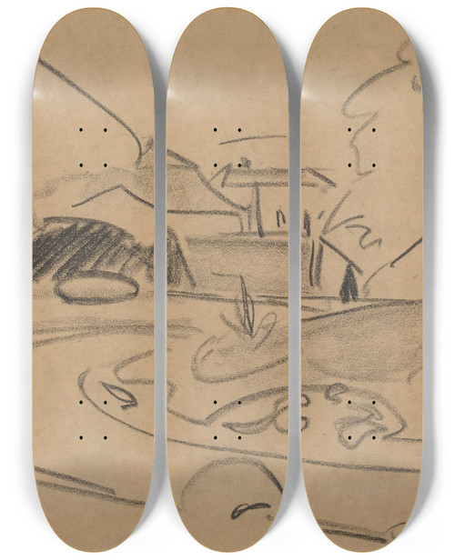 Triptych art skateboard deck of Ernst Ludwig Kirchner Footpaths And Pavilion In The Dresden Grosser Garten by Ernst Ludwig Kirchner (1880-1938)