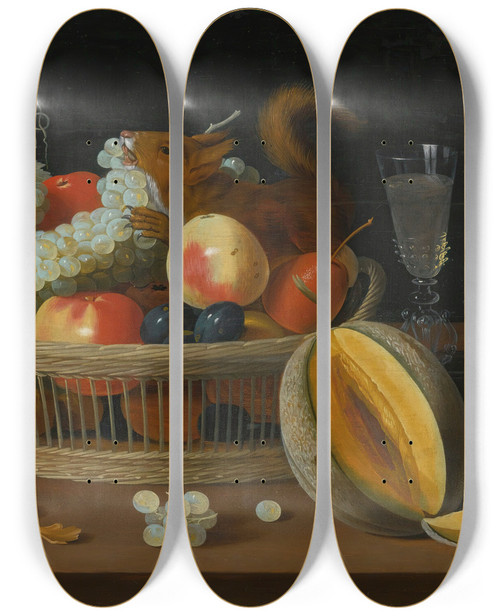 Triptych art skateboard deck of Jacob Foppens Van Es Still Life With A Basket Of Fruit Anda Squirrel Glasses And A Cut Melon On A Tabletop by Jacob Foppens Van Es (1596-1666)