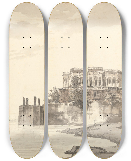 Triptych art skateboard deck of William Hodges Original Drawings For Choix De Vues De Linde And Others Pl01 by William Hodges (1744-1797)