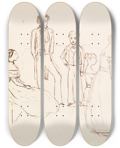 Triptych art skateboard deck of Sir John Everett Millais Sketch Of An Evening Party_2 by Sir John Everett Millais (1829-1896)
